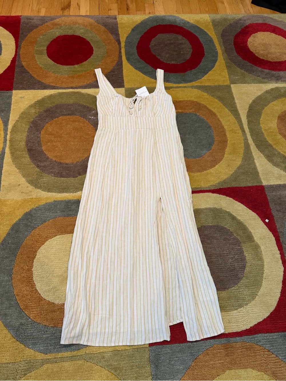 Sleeveless Cream & Yellow Stripe Maxi Dress with Front Slit